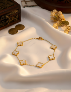 SheeBaa White Clover Station Bracelet for Women – Gold-Tone Chain Fashion Jewelry