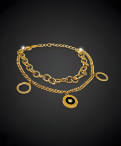 SheeBaa Gold Plated Triple Layer Charm Bracelet for Women – Evil Eye Pendant & Minimal Rings